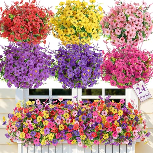 SHareconn 24 Bundles Artificial Flowers for Outdoors Decoration Faux Plants Fake Silk Colorful Daisy Eucalyptus Lavender UV Resistant for Outside Home Porch Indoor Spring Decor 6 Colors incl Red - Image 1