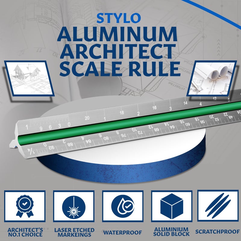 Stylo مسطرة معمارية مثلثية من الألمنيوم 12" مزودة بنقوش بالليزر، مسطرة رسم، أخاديد ملونة لمخططات البناء والرسم، مسطرة معمارية للمخططات (رمادي، وحدات إمبراطورية) - Image 4