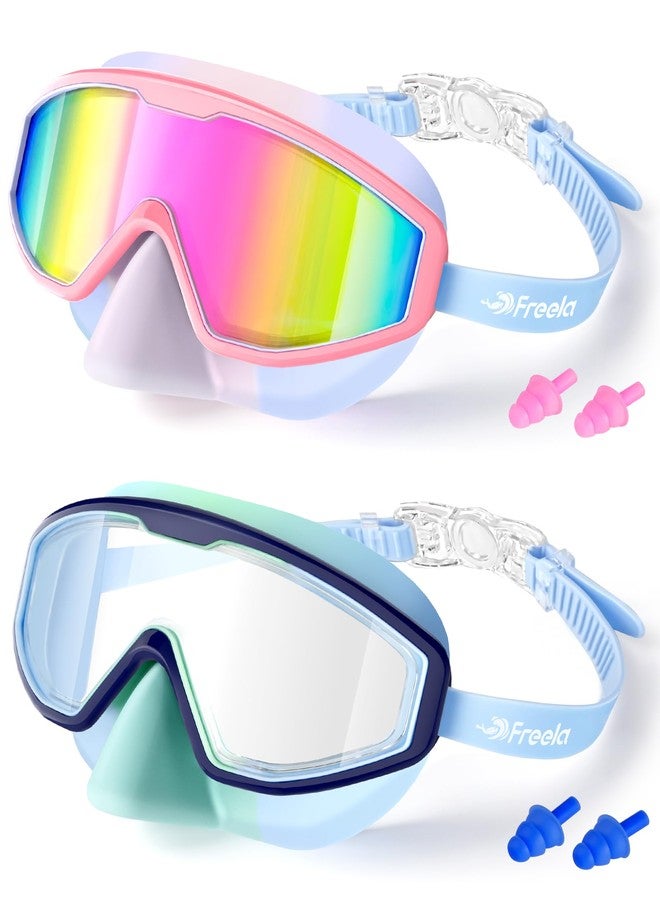 Freela 2 Pack Kids Swim Goggles for 6-14 4-7 3-6 with Nose Cover, 180° Clear View Anti-Fog UV Leak-Proof Blumi Swimming Goggles, Large Frame Mirrored Lens Pool Goggles for Children Toddler Boys Girls - Image 1