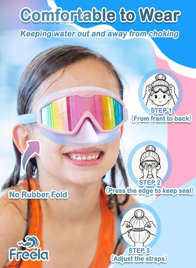 Freela 2 Pack Kids Swim Goggles for 6-14 4-7 3-6 with Nose Cover, 180° Clear View Anti-Fog UV Leak-Proof Blumi Swimming Goggles, Large Frame Mirrored Lens Pool Goggles for Children Toddler Boys Girls - Image 4