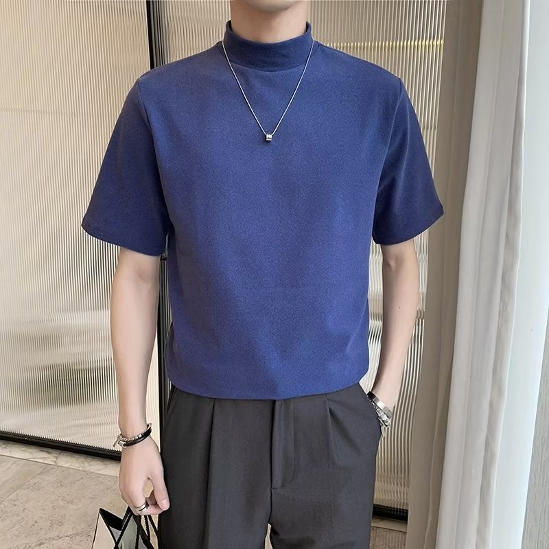 Summer Short-sleeved T-shirt Men's ins Super Popular Loose Casual Half-high Collar Half-sleeve Base Shirt Fashionable Handsome All-match Top - Image 1
