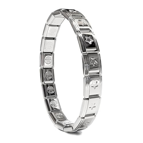 Dolceoro SB-005, Recessed Star Italian Modular Starter Charm Bracelet, 9mm Wide Stainless Steel, 18 Links for Wrist 6-6 3/8" - Image 1