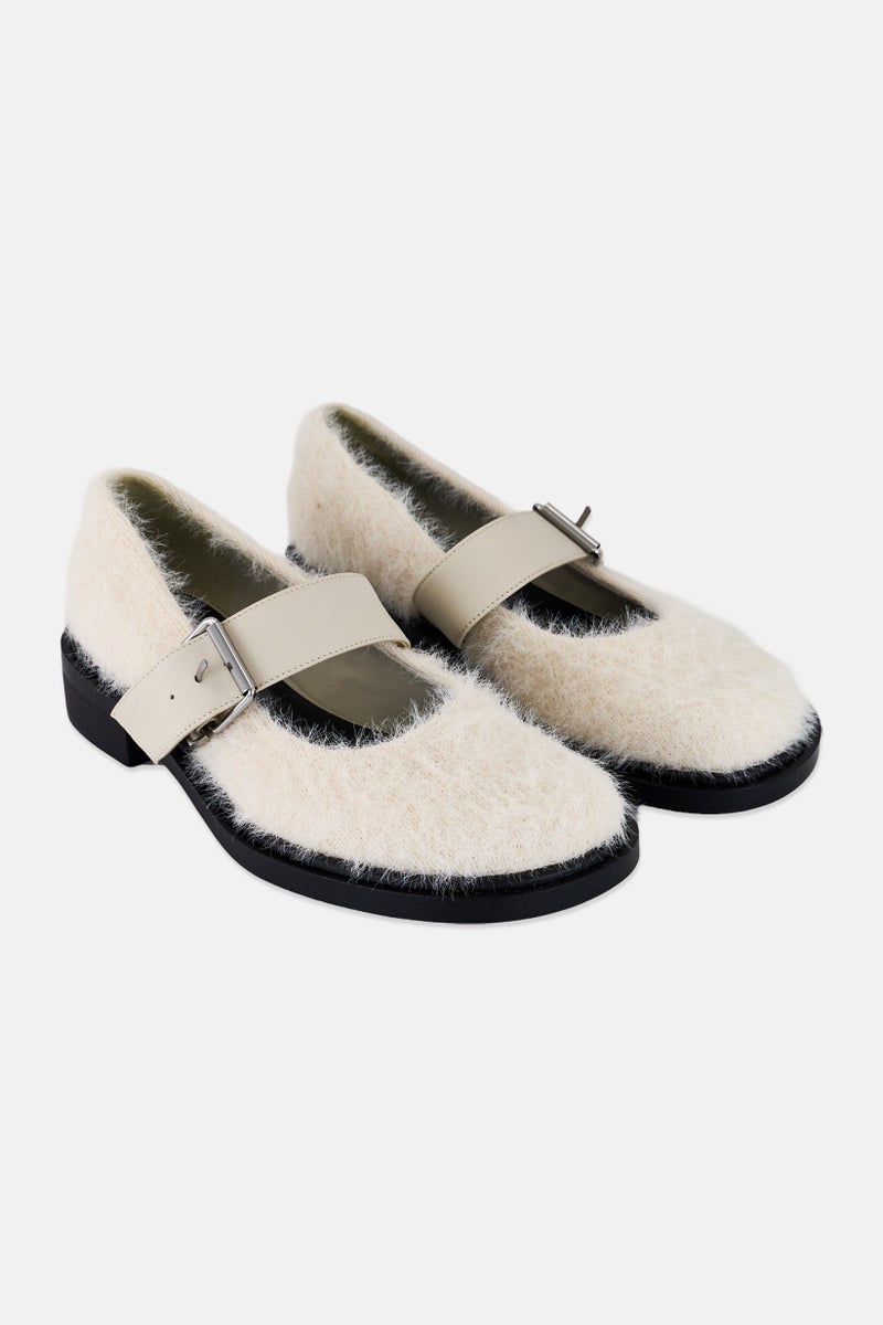 CHARLES & KEITH Women Furry Mary Janes Adjustable Buckle Casual Shoes, Off White  - Image 1