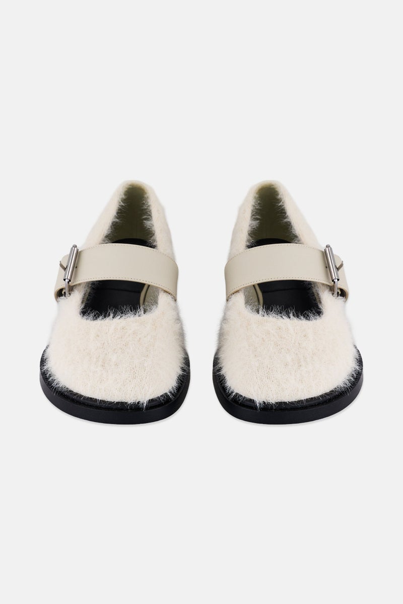 CHARLES & KEITH Women Furry Mary Janes Adjustable Buckle Casual Shoes, Off White  - Image 2