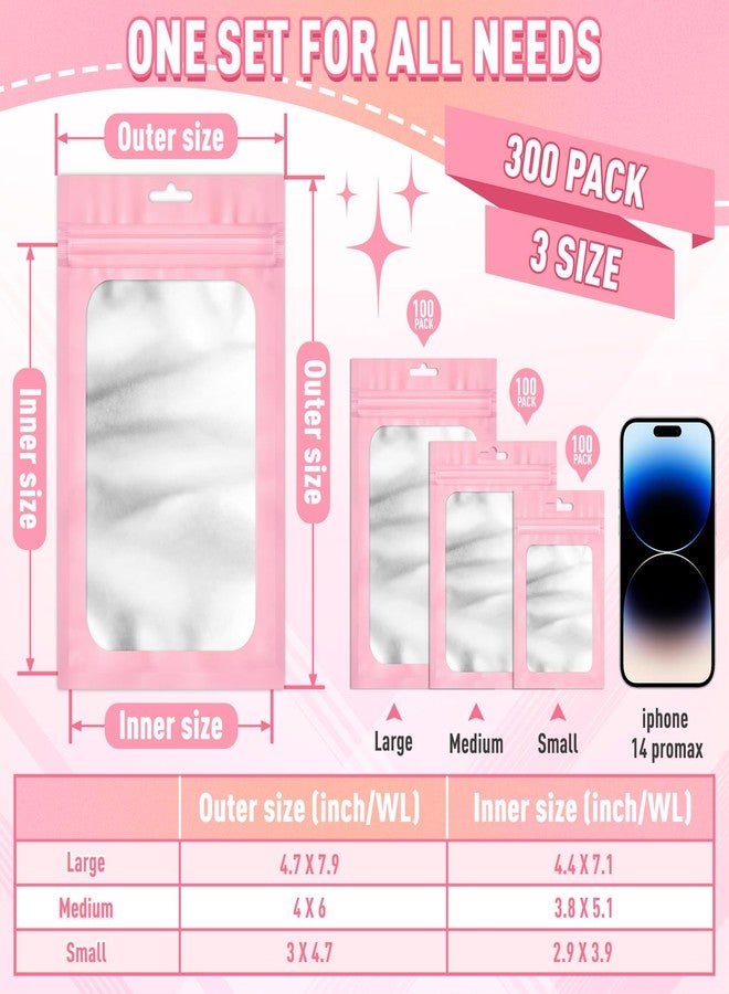 ANZNKU 300 Pcs Pink Mylar Resealable Bags 4x6 In, 3x4.7 In, 4.7x7.9 In, Smell Proof Bags with Window for Small Business, Small Pouch for Candy Jewelry Goodie Gift Party Favors & Food Storage - Image 2