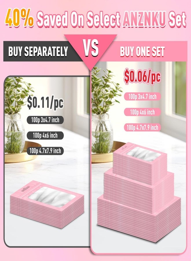 ANZNKU 300 Pcs Pink Mylar Resealable Bags 4x6 In, 3x4.7 In, 4.7x7.9 In, Smell Proof Bags with Window for Small Business, Small Pouch for Candy Jewelry Goodie Gift Party Favors & Food Storage - Image 5