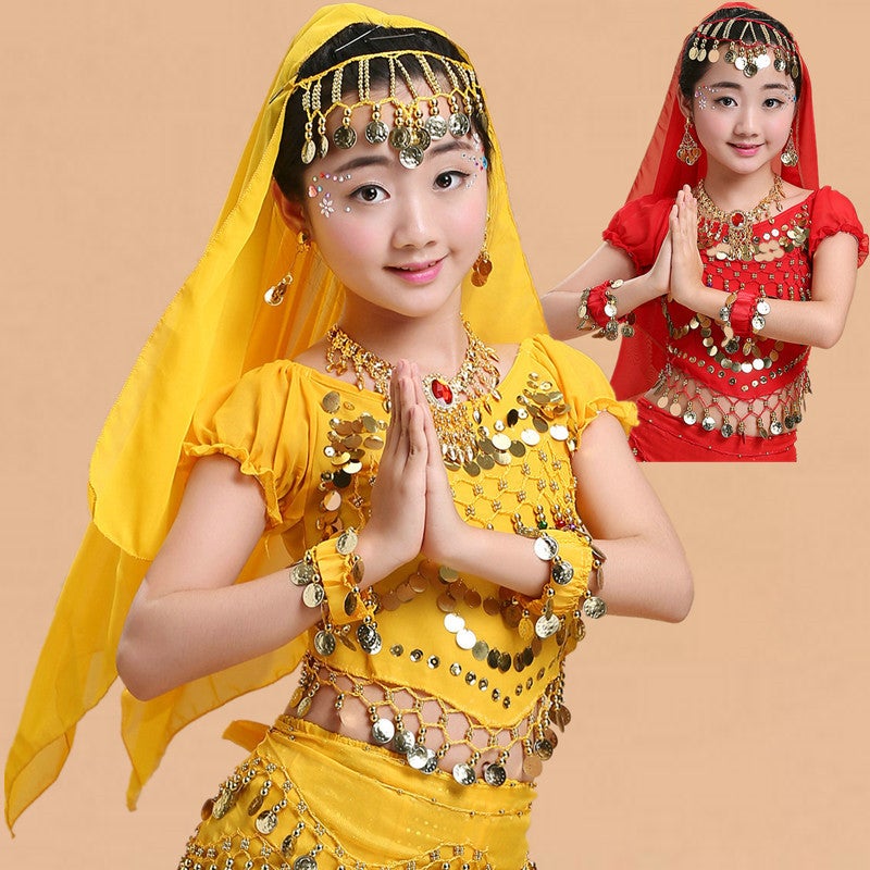 New Children'S Indian Dance Performance Clothing Hanging Coin Head Scarf Children'S Belly Dance Headwear Earrings Necklace Bracelet - Image 2