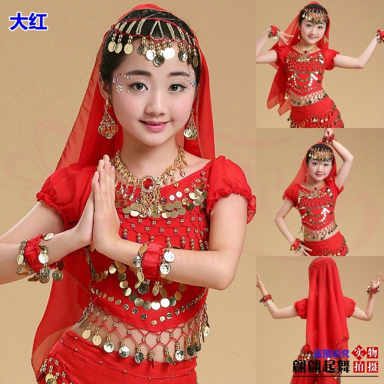 New Children'S Indian Dance Performance Clothing Hanging Coin Head Scarf Children'S Belly Dance Headwear Earrings Necklace Bracelet - Image 3