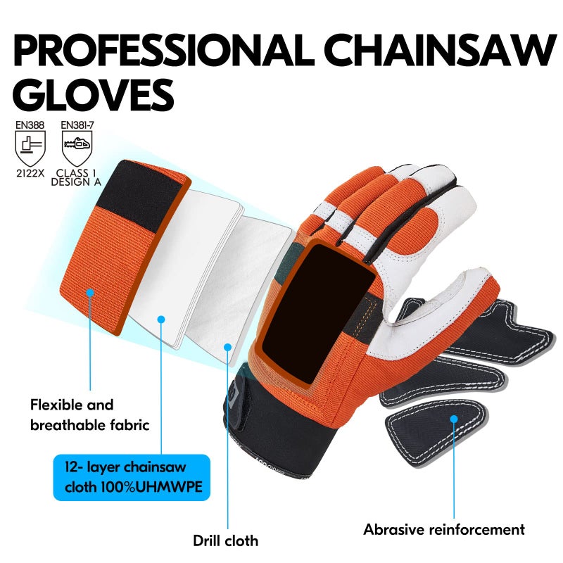 Vgo... 1Pair Chainsaw Gloves, 12-Layer Chainsaw Protection on Left Hand Back, Safety leather Work Gloves, Mechanic Gloves (XXL,Orange, GA8912) - Image 3