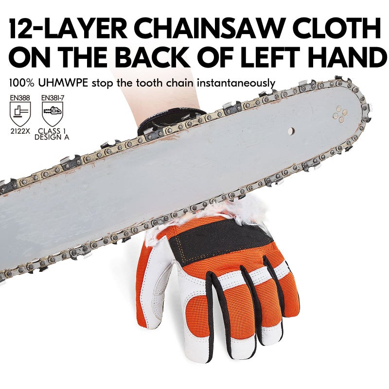 Vgo... 1Pair Chainsaw Gloves, 12-Layer Chainsaw Protection on Left Hand Back, Safety leather Work Gloves, Mechanic Gloves (XXL,Orange, GA8912) - Image 2