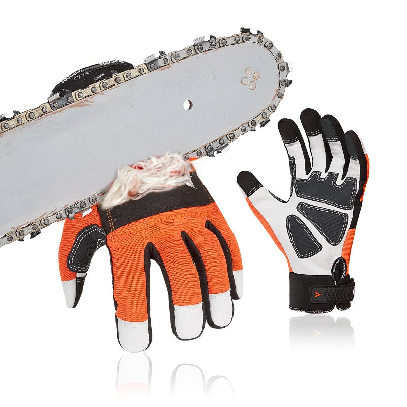 Vgo... 1Pair Chainsaw Gloves, 12-Layer Chainsaw Protection on Left Hand Back, Safety leather Work Gloves, Mechanic Gloves (XXL,Orange, GA8912) - Image 1