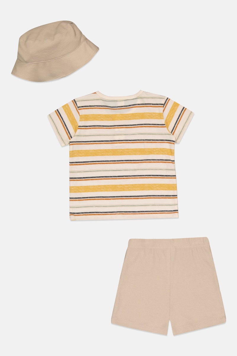 Petit Lem Toddlers Boy 3 Pcs Stripe Top And Shorts With Hat Set, Multicolor - Image 3