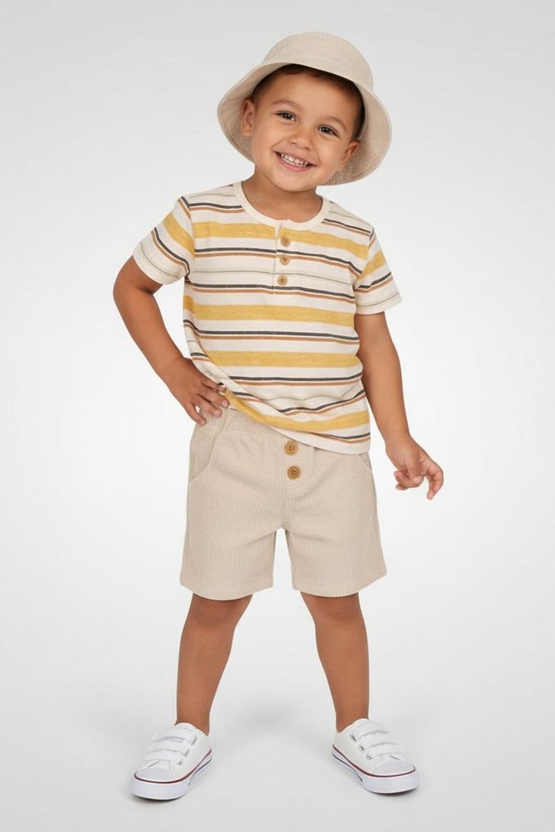 Petit Lem Toddlers Boy 3 Pcs Stripe Top And Shorts With Hat Set, Multicolor - Image 1