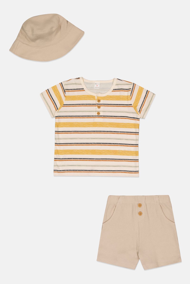 Petit Lem Toddlers Boy 3 Pcs Stripe Top And Shorts With Hat Set, Multicolor - Image 2