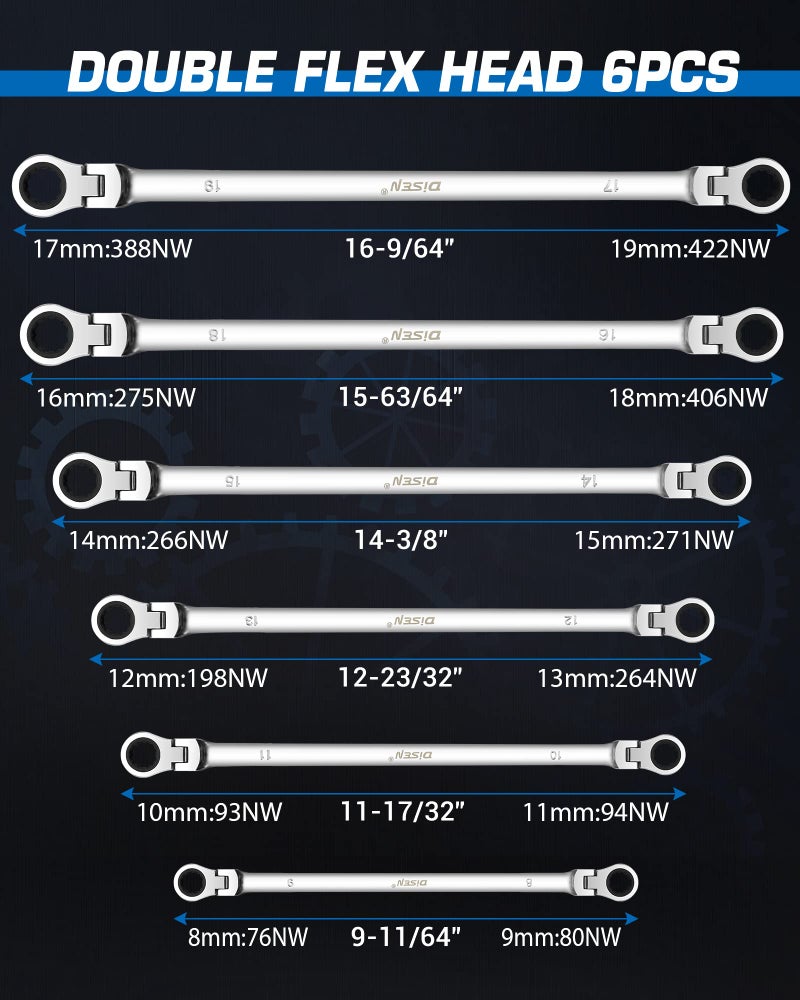 DISEN Extra Long Flex Head Ratcheting Wrench set, 6Pcs Double Box End Long Reach Ratchet Wrench Set Metric 8-19mm, CRV Steel, with Pouch, Gifts for Father, Man - Image 2
