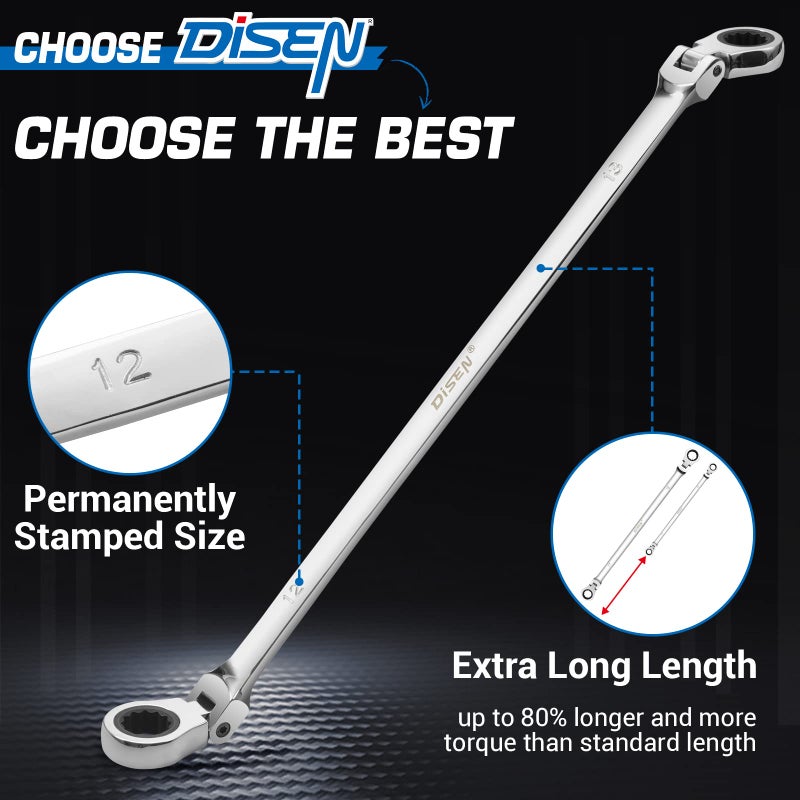 DISEN Extra Long Flex Head Ratcheting Wrench set, 6Pcs Double Box End Long Reach Ratchet Wrench Set Metric 8-19mm, CRV Steel, with Pouch, Gifts for Father, Man - Image 4