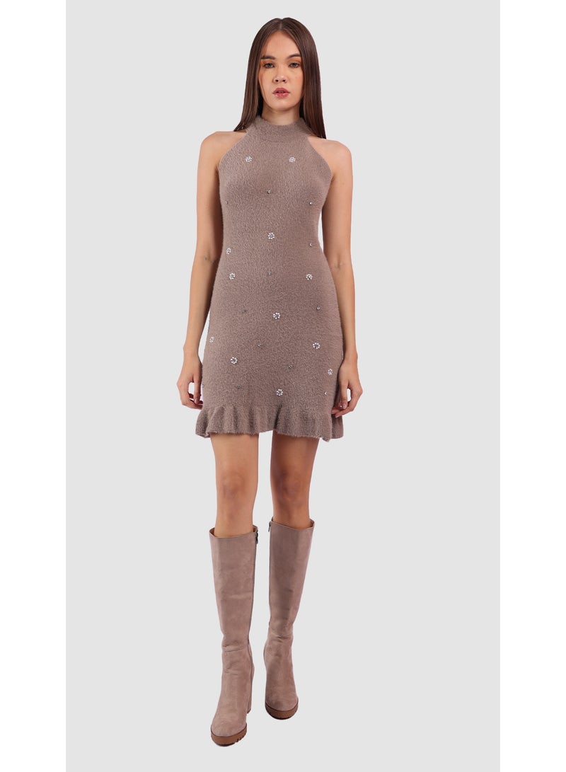 KYVELi Women's Chic Ruffle Mini Dress- Beige - Image 1