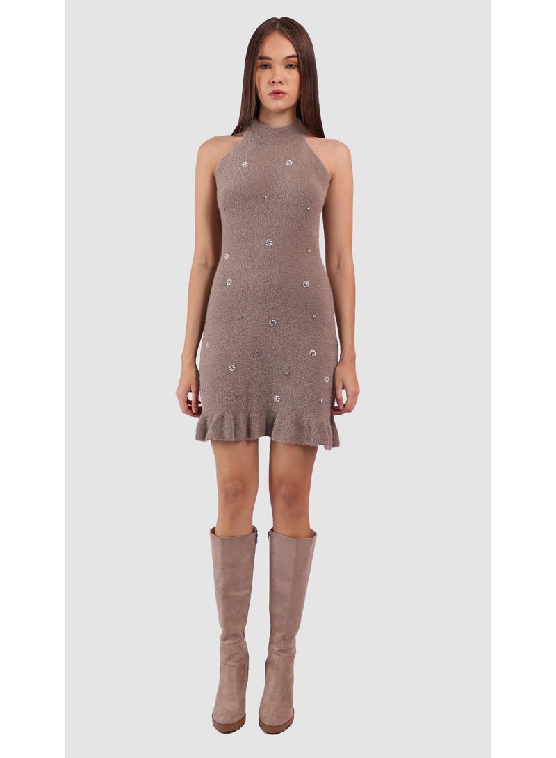 KYVELi Women's Chic Ruffle Mini Dress- Beige - Image 2