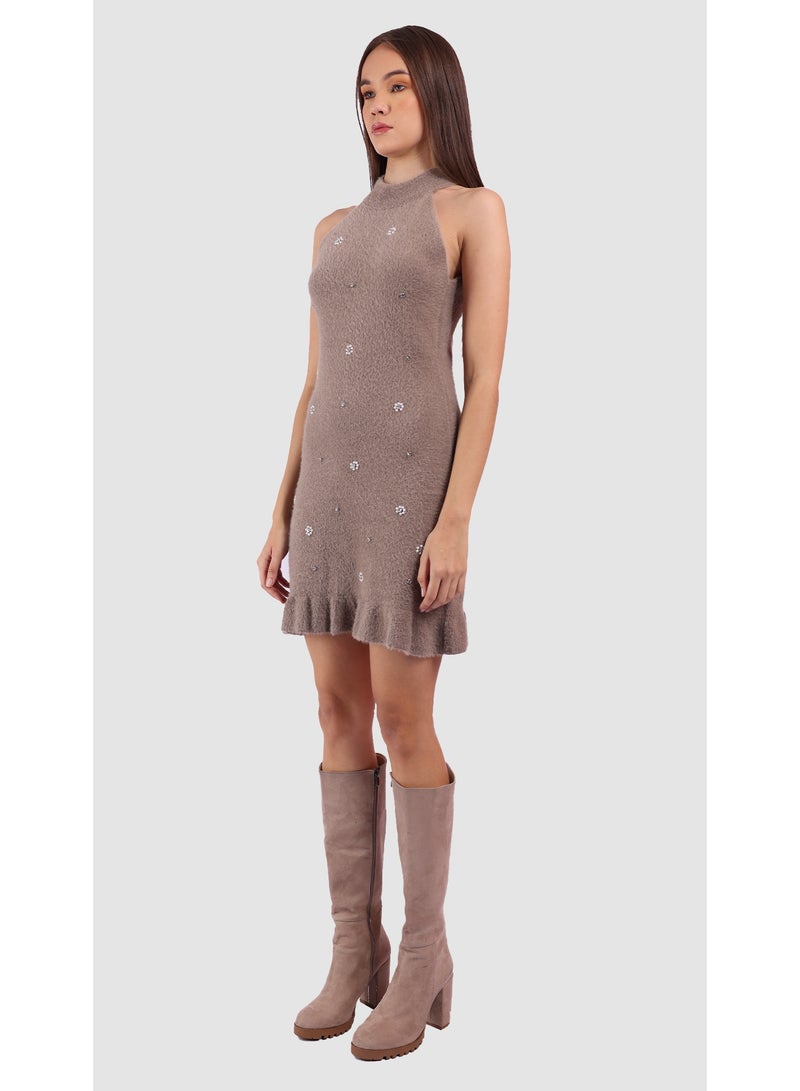 KYVELi Women's Chic Ruffle Mini Dress- Beige - Image 5