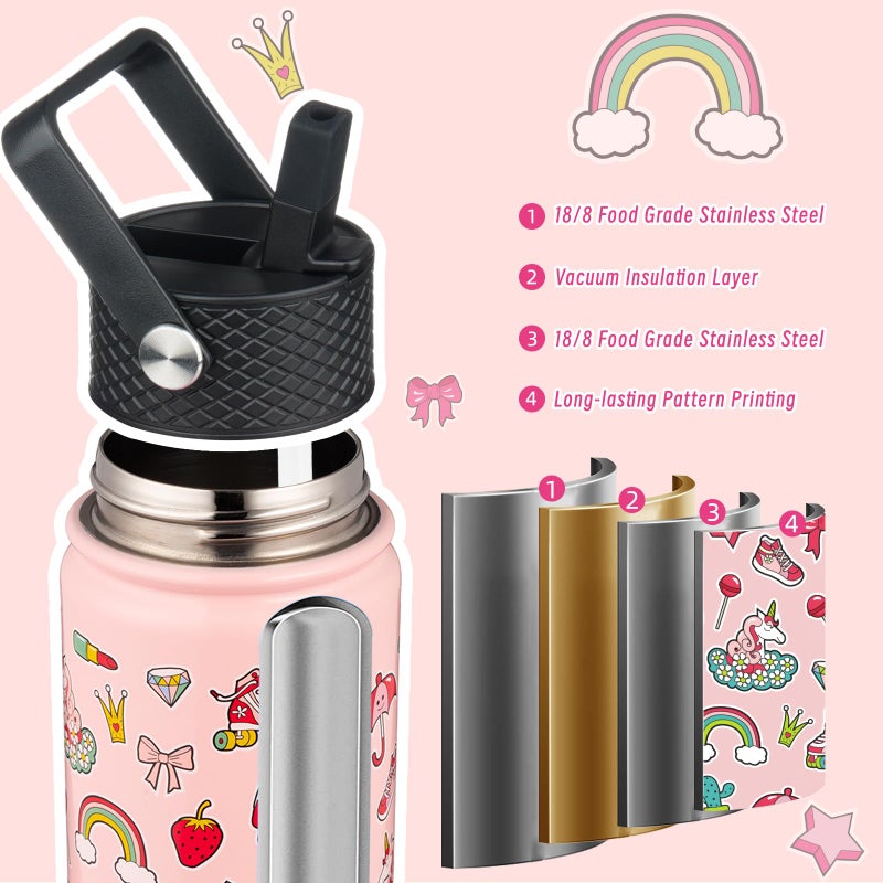 BJPKPK Insulated Water Bottle with Straw Lid, 18 oz Stainless Steel Metal Water Bottles, Reusable Leak Proof BPA Free Water Bottles, Cups, Thermo, Unicorn - Image 3