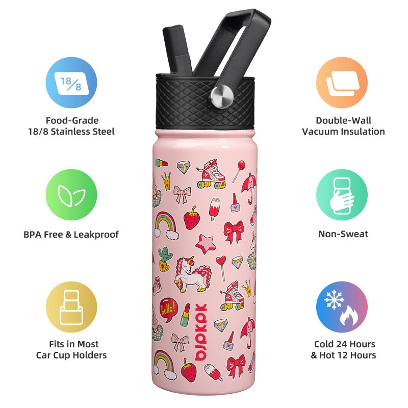 BJPKPK Insulated Water Bottle with Straw Lid, 18 oz Stainless Steel Metal Water Bottles, Reusable Leak Proof BPA Free Water Bottles, Cups, Thermo, Unicorn - Image 2