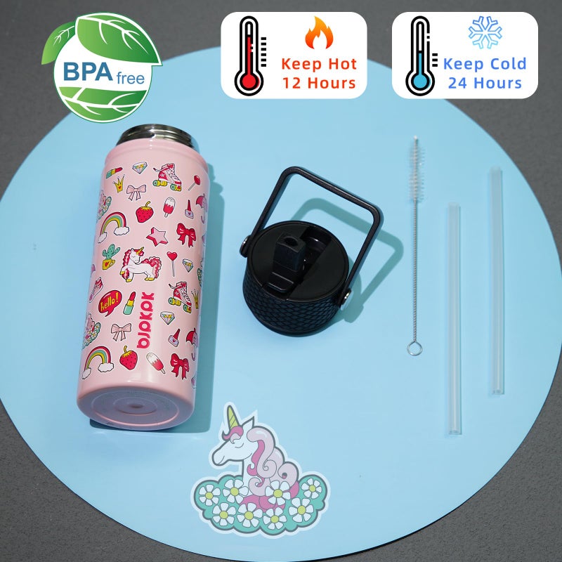 BJPKPK Insulated Water Bottle with Straw Lid, 18 oz Stainless Steel Metal Water Bottles, Reusable Leak Proof BPA Free Water Bottles, Cups, Thermo, Unicorn - Image 4