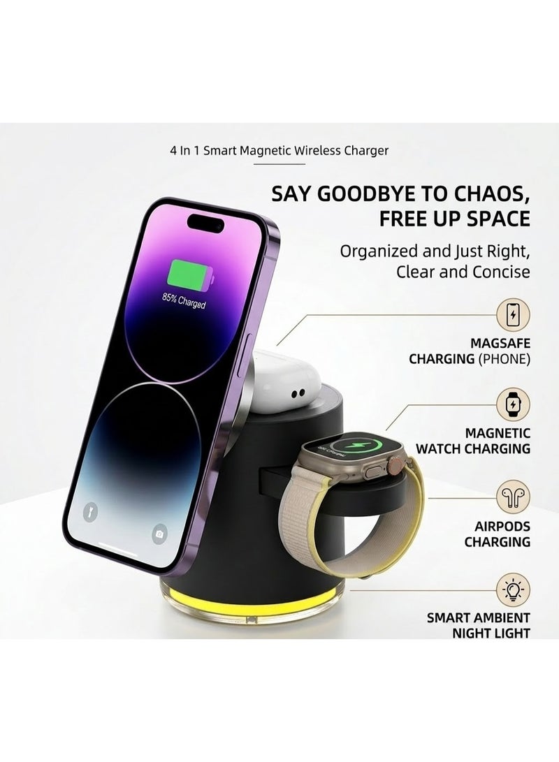 محطة شحن لاسلكية مغناطيسية ذكية 4 في 1 - منفذ USB-C، شاحن سريع قابل للطي لأجهزة iPhone وApple Watch وAirPods، مثالية للمكتب والمنزل - Image 1