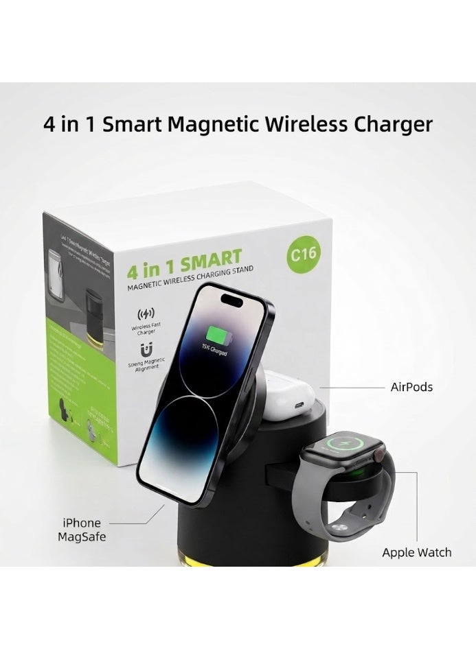 محطة شحن لاسلكية مغناطيسية ذكية 4 في 1 - منفذ USB-C، شاحن سريع قابل للطي لأجهزة iPhone وApple Watch وAirPods، مثالية للمكتب والمنزل - Image 2