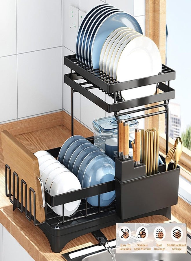 Prakal 2-Tier Dish Drying Rack, Rust Proof Dish Rack Over The Sink, Dish Drainer with 360° Rotating Drainer Board, Large Kitchen Sink Organiser, Kitchen Drying Rack with a Cutlery Holder, Black. - Image 5