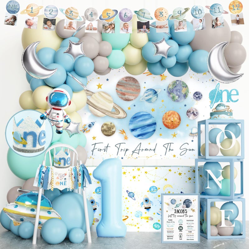 Hombae First Trip Around the Sun Decorations â€“ 123 PCs 1st Around the Sun Birthday Decoration Party Supplies with Backdrop, Balloon Garland, Banners, Cake Topper, Balloon Boxes, Poster, Tablecloth - Image 1