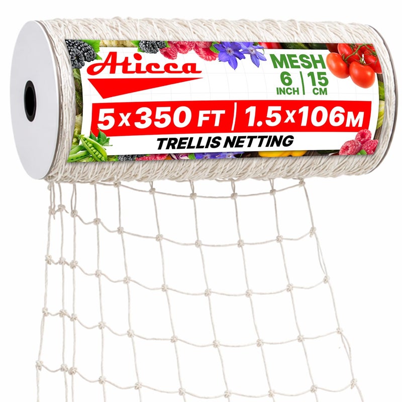 ATICCA Trellis Netting 5 x 350 ft Heavy Duty Polyester Plant Support Netting White - 6 Inch Garden Rope Trellis on Roll - Mesh Twine for Growing Vine Climbing Plants, Flowers, Peas, and Tomatoes - Image 1