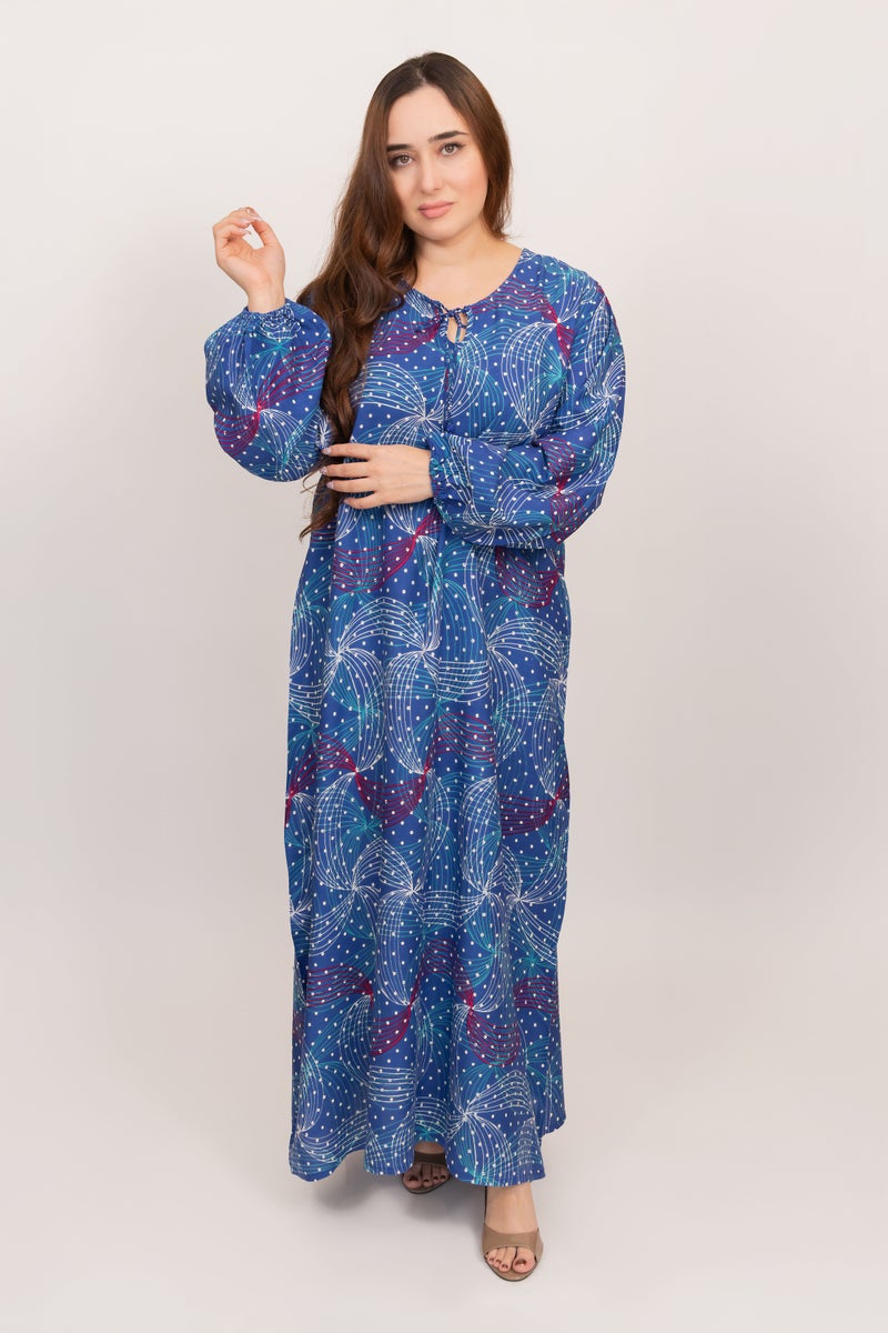 Linelle Blue Jalabiya Women – Abstract Print Maxi Modest Wear with V-Neck, Flared Sleeves, Comfortable Daily Wear