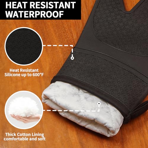Hovico Silicone Oven Mitts, Heat Resistant 500F Kitchen Mitts 2PCS, 11.6" BPA-Free Soft Baking Gloves, Non-Slip Grip Oven Gloves with Soft Cotton Lining for Kitchen Cooking Baking BBQ - Black - Image 3
