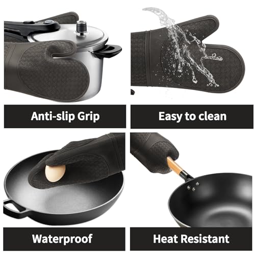 Hovico Silicone Oven Mitts, Heat Resistant 500F Kitchen Mitts 2PCS, 11.6" BPA-Free Soft Baking Gloves, Non-Slip Grip Oven Gloves with Soft Cotton Lining for Kitchen Cooking Baking BBQ - Black - Image 4