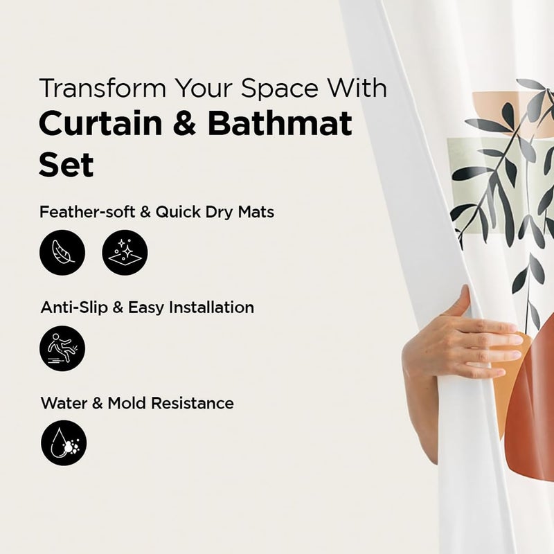 Kuber Industries Kuber Industries Shower Curtain & Bathmat Set | Non-Slip Bath mats for Bathroom | Easy-Slide Curtains | Polyester Curtain or Bathmat for Bath Décor | XTL401-3T | 3 Pcs Set | Multicolor  - Image 2