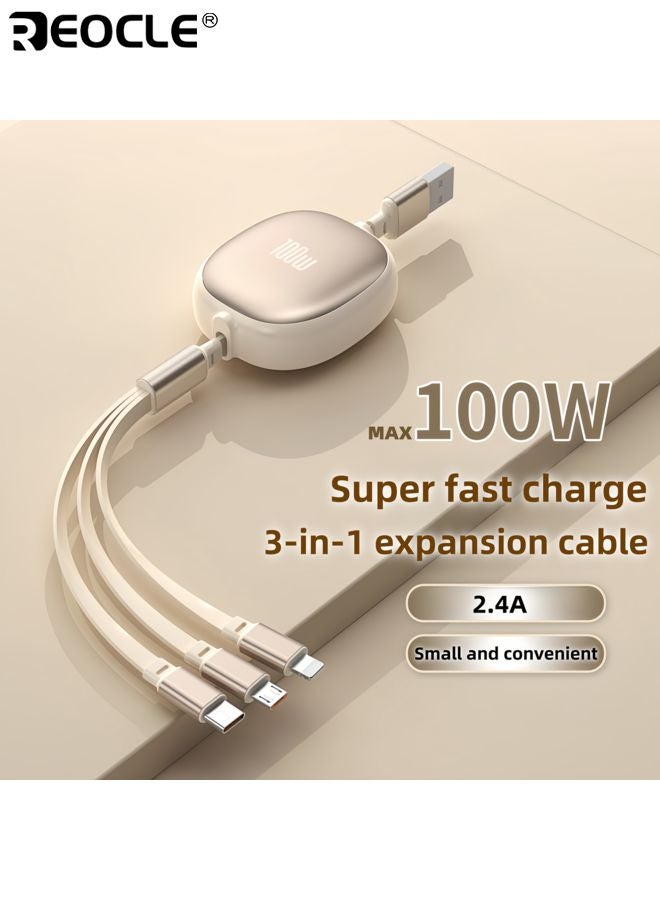 REOCLE 3-in-1 Retractable USB Charging Cable with 100W Fast Charge and Multi Port Design High Speed Data Sync Cord with Smartphone Compatibility for Device Charging