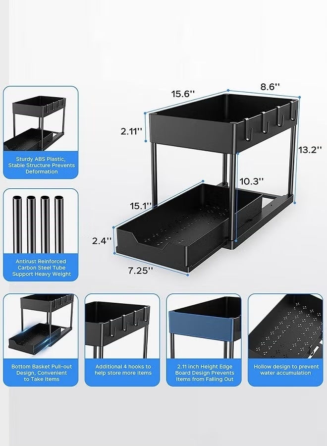 Under Sliding Cabinet Basket Organizer 2 Tier Storage Under Cabinet Bathroom Under Sink Organizers Storage Black Under Sink Storage Multi Purpose Storage Shelf for Kitchen Office - Image 3