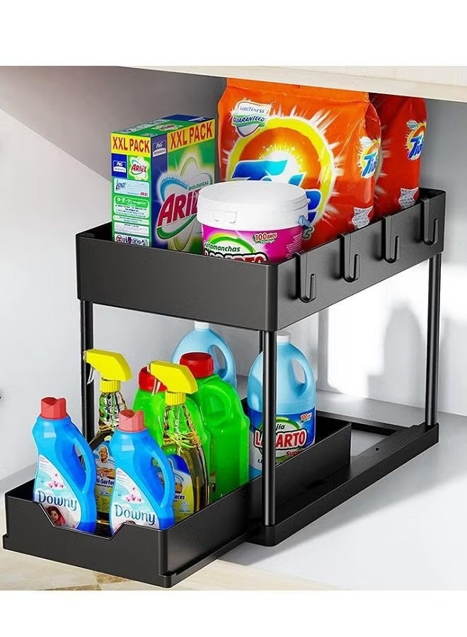 Under Sliding Cabinet Basket Organizer 2 Tier Storage Under Cabinet Bathroom Under Sink Organizers Storage Black Under Sink Storage Multi Purpose Storage Shelf for Kitchen Office - Image 1