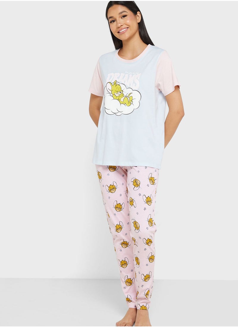 Tom & Jerry - Crew Neck Graphic T-Shirt & Pyjama Set - Image 1