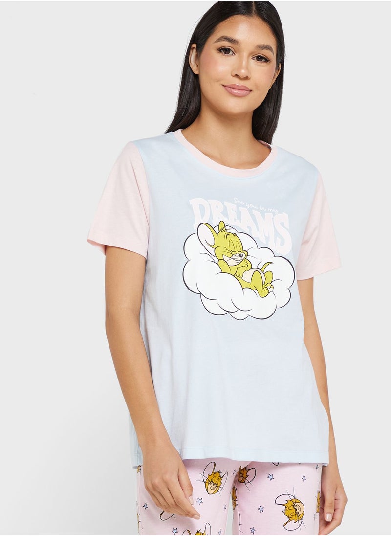 Tom & Jerry - Crew Neck Graphic T-Shirt & Pyjama Set - Image 1