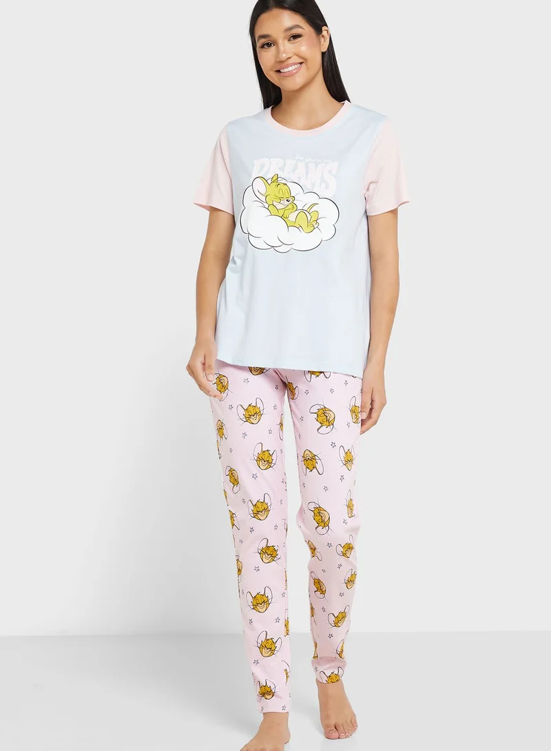 Tom & Jerry Crew Neck Graphic T-Shirt & Pyjama Set