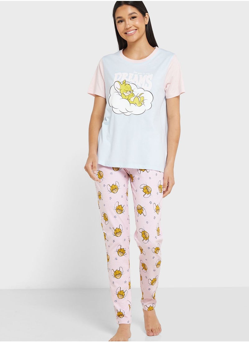 Tom & Jerry - Crew Neck Graphic T-Shirt & Pyjama Set - Image 1