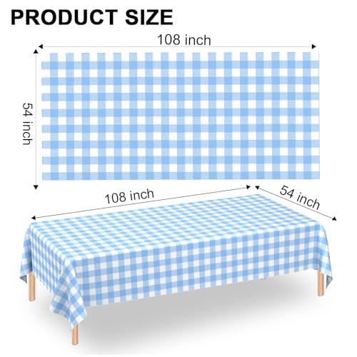 WNINK 2 Pack Light Blue Gingham Tablecloth Rectangular Pale Blue and White Checkered Tablecloths Disposable Plastic Plaid Table Cover for Parties, Outdoor Picnic, Birthday, Wedding, Camping 54 × 108 Inch - Image 2