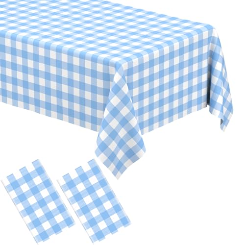 WNINK 2 Pack Light Blue Gingham Tablecloth Rectangular Pale Blue and White Checkered Tablecloths Disposable Plastic Plaid Table Cover for Parties, Outdoor Picnic, Birthday, Wedding, Camping 54 × 108 Inch - Image 1