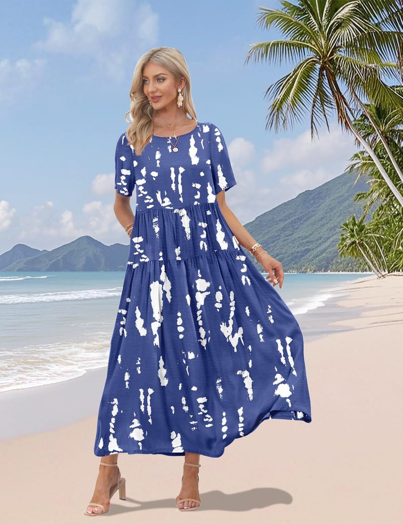 YESNO Women Casual Loose Bohemian Floral Dress with Pockets Short Sleeve Long Maxi Summer Beach Swing Dress 2XL EJF CR147 - Image 2