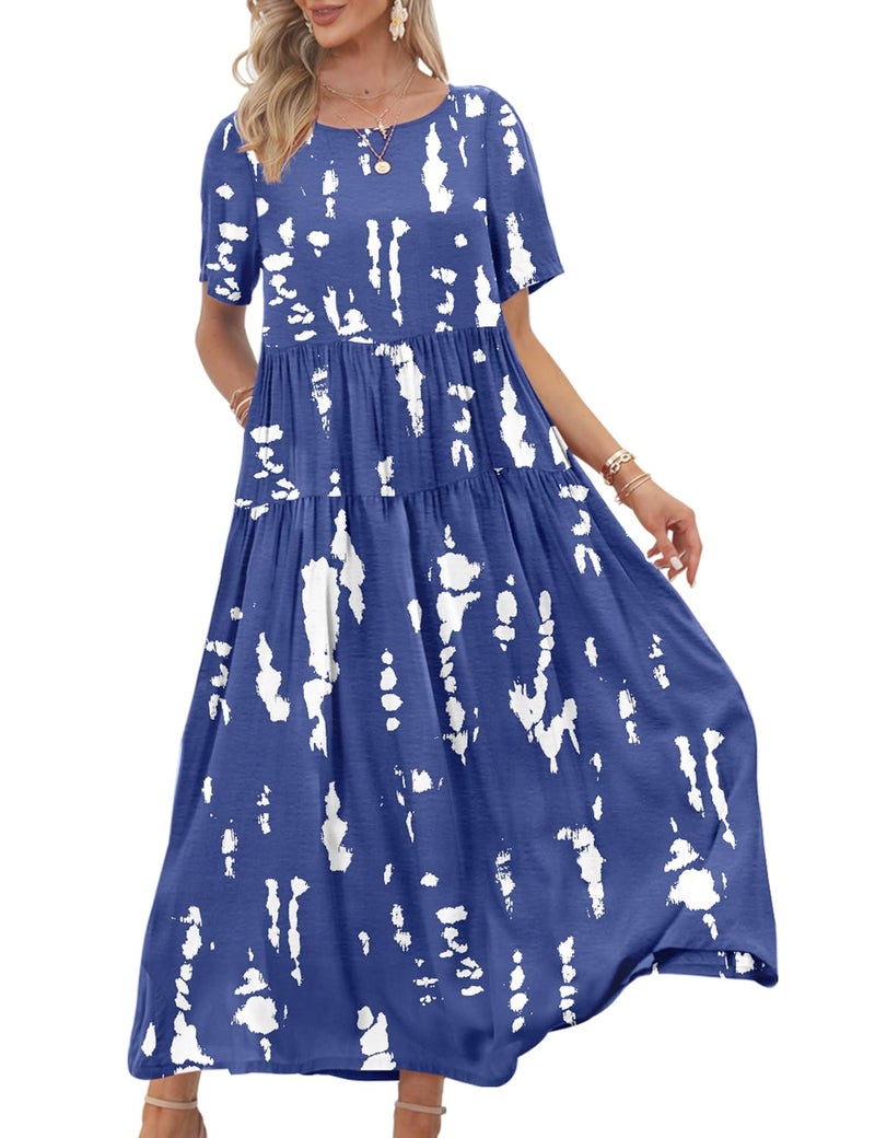 YESNO Women Casual Loose Bohemian Floral Dress with Pockets Short Sleeve Long Maxi Summer Beach Swing Dress 2XL EJF CR147 - Image 1
