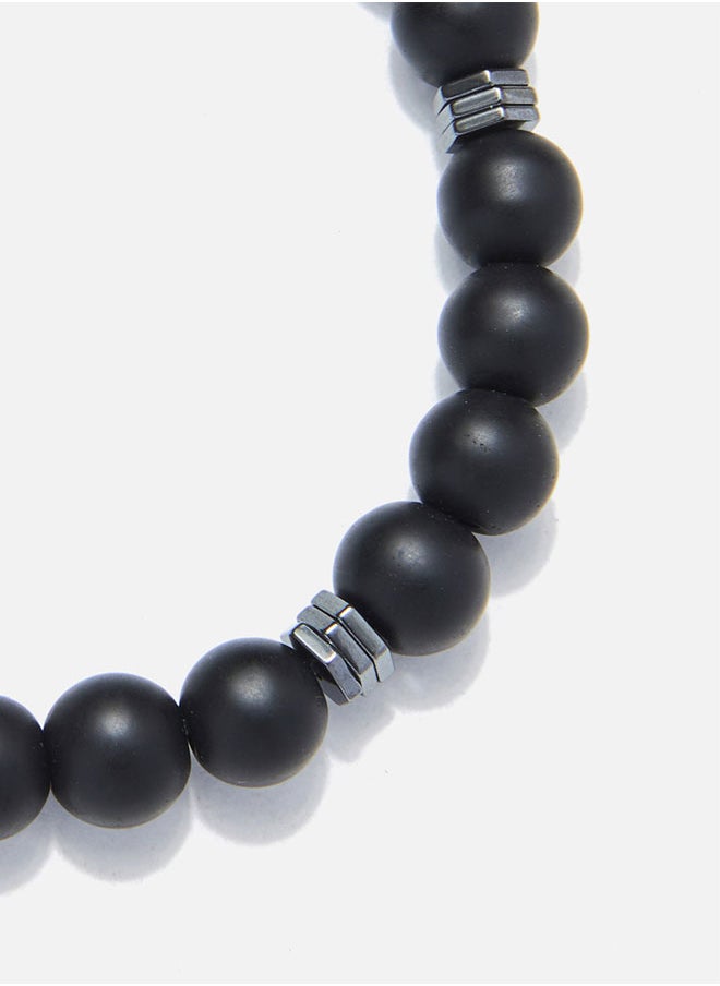 CHRYSOSTOMOS Handmade Beaded Bracelet with Matte Black Onyx and Triple Flat Hematite Nut, Silicone Elastic  - Image 2