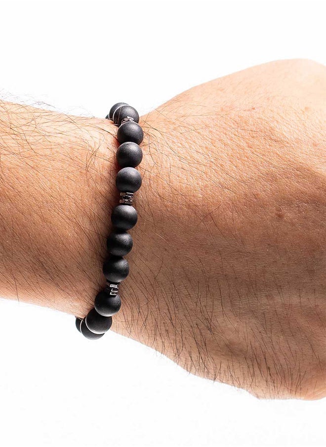 CHRYSOSTOMOS Handmade Beaded Bracelet with Matte Black Onyx and Triple Flat Hematite Nut, Silicone Elastic  - Image 3