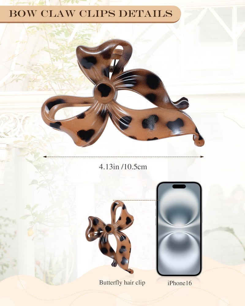 Lourny 4 PCS Bow Hair Clips Bow Claw Clip for Women, Large Hair Claw Clips for Thin Thick Long Hair Cute Nonslip Bows (Black+Leopard Dark Brown+Leopard Light Brown+Gray) - Image 2