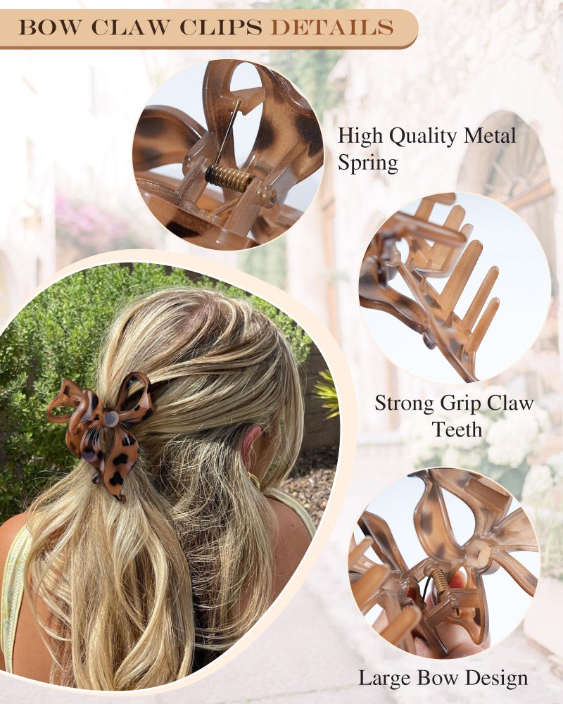 Lourny 4 PCS Bow Hair Clips Bow Claw Clip for Women, Large Hair Claw Clips for Thin Thick Long Hair Cute Nonslip Bows (Black+Leopard Dark Brown+Leopard Light Brown+Gray) - Image 3